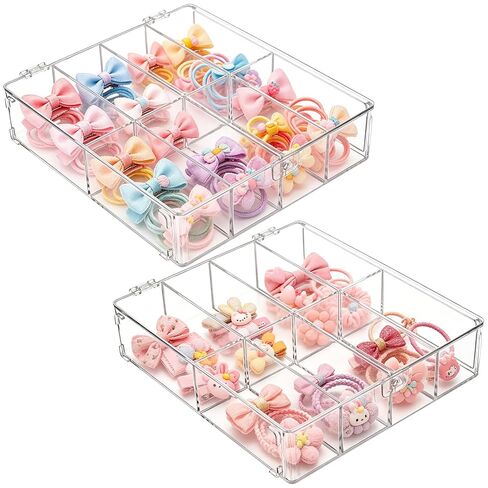 2 Pcs Hair Accessories Organizers with 8 Compartments and Lids Clear Storage Boxes for Headbands Bows Clip Scrunchies Hair Tie Organizer for Bathroom Bedroom Vanity Countertop in Kuwait