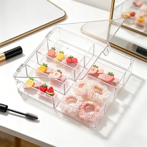 2 Pcs Hair Accessories Organizers with 8 Compartments and Lids Clear Storage Boxes for Headbands Bows Clip Scrunchies Hair Tie Organizer for Bathroom Bedroom Vanity Countertop in Kuwait