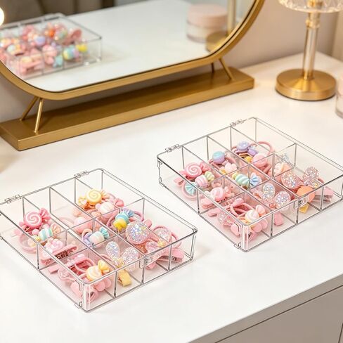 2 Pcs Hair Accessories Organizers with 8 Compartments and Lids Clear Storage Boxes for Headbands Bows Clip Scrunchies Hair Tie Organizer for Bathroom Bedroom Vanity Countertop in Kuwait