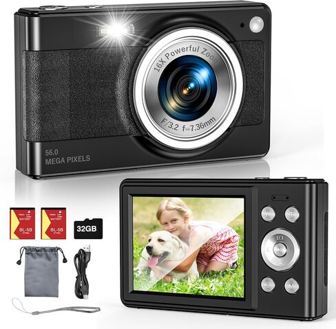 Upgrade Digital Camera, 56MP FHD 1080P for Kids with 16x Zoom Anti Shake, 32GB TF Card, Two Batteries, Lanyard, Compact Small for Boys Girls （Black） in Kuwait