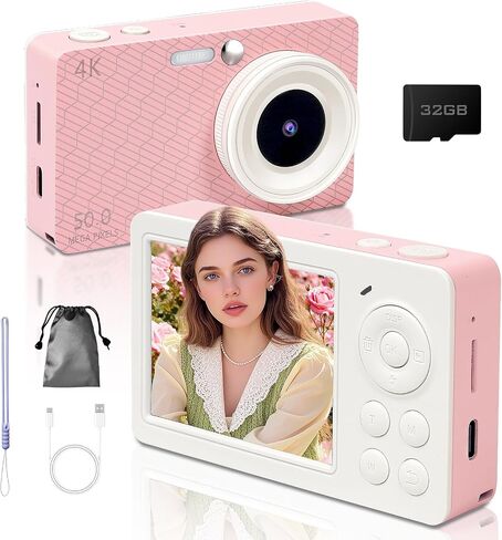 4K 50MP Compact Travel Digital Camera for Teens Adult Beginner, Pink-White | 4K Video Resolution, 50MP Image Resolution, 16X Digital Zoom, Sefied Delay, Anti Shake, Various Filters, Metal Shell in Kuwait