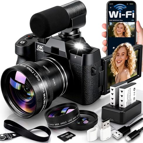 5K Digital Camera for Photography with Wide Angle & Macro Lens | Flip Screen, Wireless WiFi Connection, Beginners Camera with Microphone, 32GB MicroSD Card, Card Reader, 2 Batteries, Charger in Kuwait