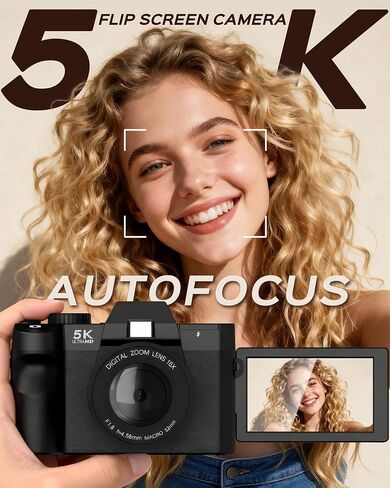 5K Digital Camera for Photography with Wide Angle & Macro Lens | Flip Screen, Wireless WiFi Connection, Beginners Camera with Microphone, 32GB MicroSD Card, Card Reader, 2 Batteries, Charger in Kuwait