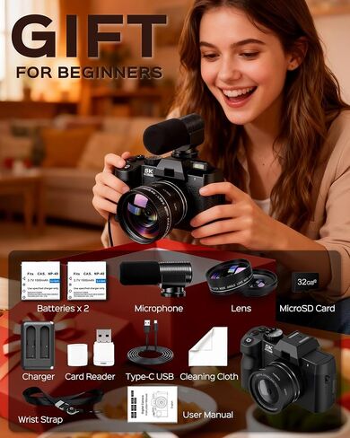 5K Digital Camera for Photography with Wide Angle & Macro Lens | Flip Screen, Wireless WiFi Connection, Beginners Camera with Microphone, 32GB MicroSD Card, Card Reader, 2 Batteries, Charger in Kuwait