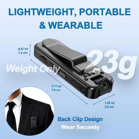 Mini Body Cameras with Video Recording, Wearable Portable Size | 1080P, Night Vision, Visible Wearable Back Clip, 180° Rotatable Lens, Portable Camcorder in Kuwait