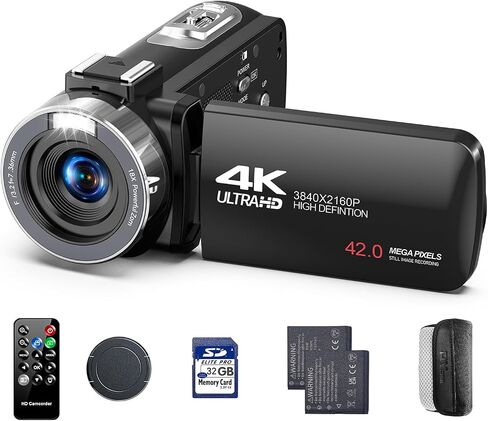 4K Video Camera Camcorder, 42MP Vlogging Camera for YouTube with 32GB SD Card, 2 Batteries, 3" 270° Rotating Screen, 18X Digital Zoom, Remote Control, Webcam for Live Streaming in Kuwait