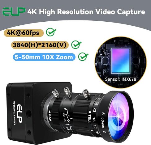 4K 60fps USB Camera, 5-50mm 10X Manual Zoom Telephoto Webcam, UVC USB3.0/2.0 Variable Focus Lightburn Cameras for OpenCV, Live Streaming & USB Microscope, Plug & Play for Windows, Linux, Jetson Nano in Kuwait
