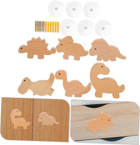 6set Decorative Animal Cabinet Knobs Wooden Dinosaur Drawer Pulls Dresser Handles Screws for Nursery in Kuwait