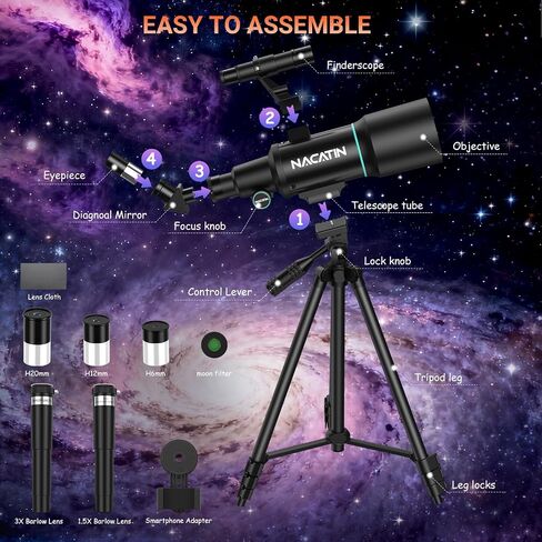 Telescope for Adults, 70mm Aperture 300mm Portable Refractor Telescope with 3 Eyepieces - Complete Kit with Phone Adapter & Moon Filter, Black in Kuwait