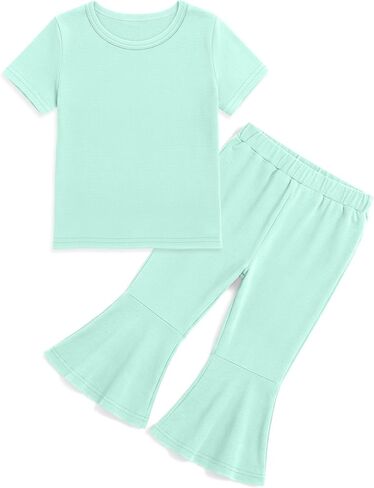 Toddler Girls' Summer Clothes Outfits | Baby Kids 2 Piece Set, Clothing Set, Bell Bottom Pant, Short Sleeve Shirt, 12 Months-5T, Casual, Flare Leg in Kuwait
