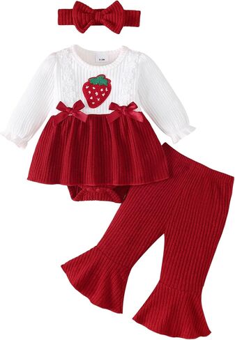 Renotemy Newborn Baby Girl Clothes Ruffle Romper Bell Bottom Pants Set Fall Winter Infant Outfit for Girls Preemie-12 Months in Kuwait