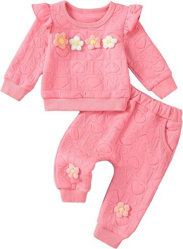 Jecson Baby Girl Clothes Toddler Sweatsuit Infant Girls Outfits Set 0-3Y | Baby clothes for girls with floral embroidery, ruffle details, and a matching top and pants set for everyday style. in Kuwait