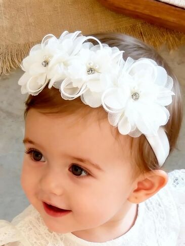 Baby Girls Flower Headbands Cute Kids Christening Headband Soft Lace Hairbands Floral Crown Newborn Infant Toddlers Hair Accessories for Birthday Party Photography(Beige Flowers) in Kuwait