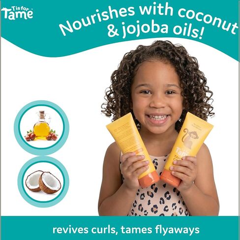 T is for Tame Kids' Hair Taming Cream for Frizz, Flyaways & Bedhead | Leave-in taming cream (3.38 fl oz) w/coconut & jojoba oil, never stiff, sticky or oily, all hair types, made in USA in Kuwait