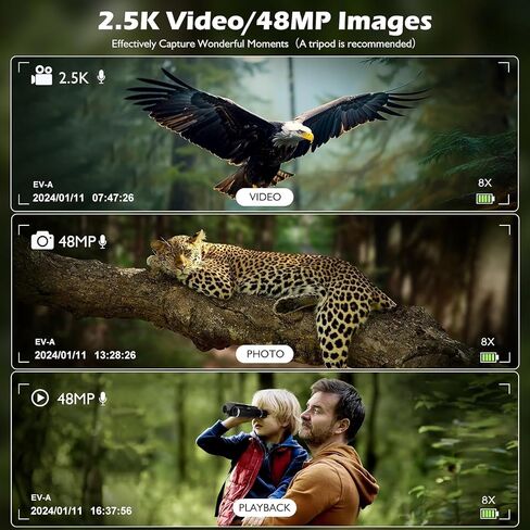 Digital Camera Binoculars 12x32 HD 2.4 Inch 8X Zoom 2.5K Video 48MP Photo | 2.4 Inch LCD Display 48MP photo, 2.5K video recording, 32GB memory card, great for bird watching, concerts in Kuwait