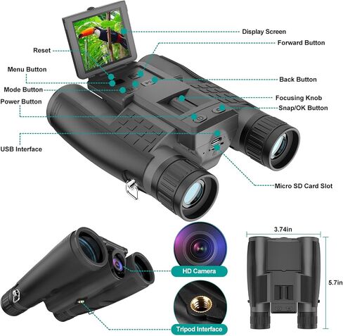 ZZSTAR 12x32 Binoculars with Camera, Large View Binoculars for Adults High Powered, FMC & BAK4 Prism Lens, 2" LCD Display 5MP 1080P Video Photo Recorder, for Bird Watching Hunting Black in Kuwait