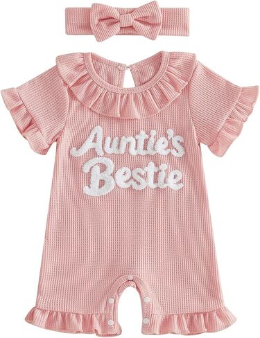 Newborn Baby Girl Clothes Hi Im New Here/Aunties Bestie Ruffle Romper Summer Shortall Jumpsuit Coming Home Outfit in Kuwait