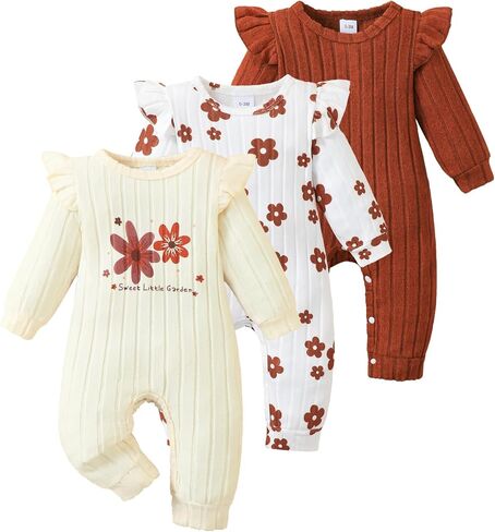 SUNNY PIGGY Baby Girl Clothes 3 Pack Ruffle Romper Set Newborn Infant Fall Winter Girl Outfits Jumpsuit for 0-18 Months in Kuwait