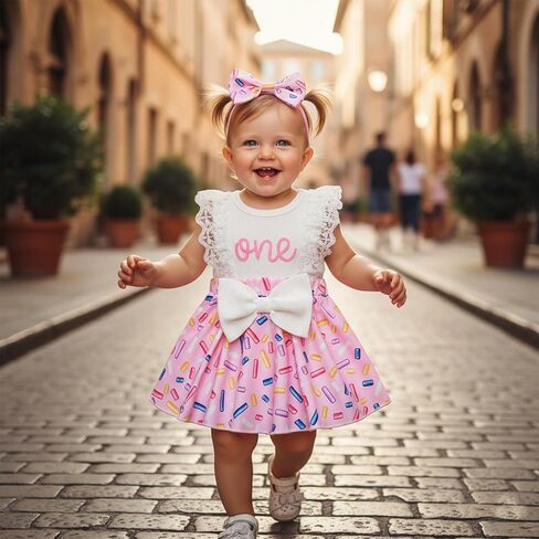 Baby Girl 1st Birthday Outfit One Year Old Romper Dress Lace Ruffle Sleeveless Bodysuit Headband Cake Smash Photo Shoot (White & Pink, 12-18 Months) in Kuwait