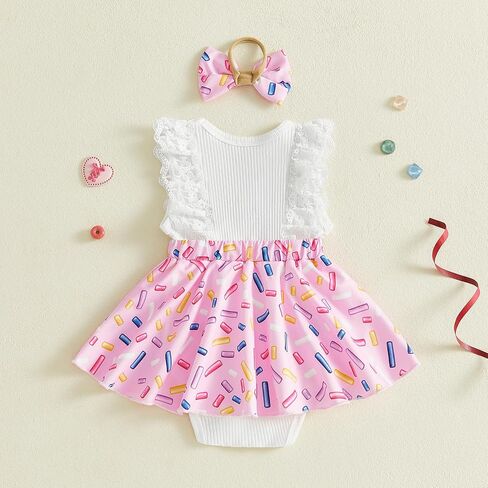 Baby Girl 1st Birthday Outfit One Year Old Romper Dress Lace Ruffle Sleeveless Bodysuit Headband Cake Smash Photo Shoot (White & Pink, 12-18 Months) in Kuwait