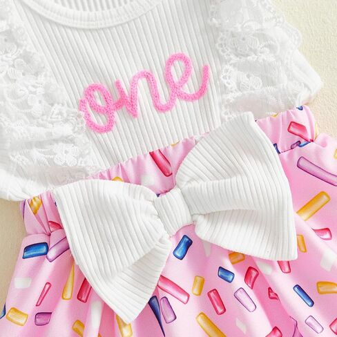 Baby Girl 1st Birthday Outfit One Year Old Romper Dress Lace Ruffle Sleeveless Bodysuit Headband Cake Smash Photo Shoot (White & Pink, 12-18 Months) in Kuwait