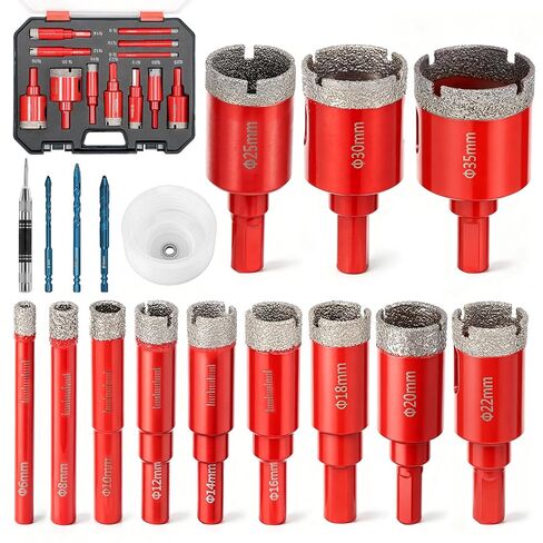 17Pack Diamond Hole Saw Drill Bit Set for Ceramic Glass Tile Granite Marble | 12 Brazed Tile Hole Saw Diamond Core Drill Bits, 3 Pilot Drill Bits, 85mm Dust Cover & Automatic Center Punch in Kuwait