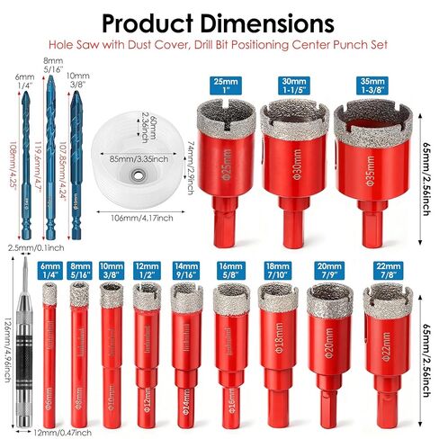 17Pack Diamond Hole Saw Drill Bit Set for Ceramic Glass Tile Granite Marble | 12 Brazed Tile Hole Saw Diamond Core Drill Bits, 3 Pilot Drill Bits, 85mm Dust Cover & Automatic Center Punch in Kuwait