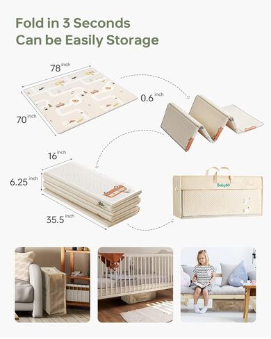 BG-BABYGO Baby Play Mat Foldable Baby Mat for Floor Play 0.6" Thick Soft Foam X-Large Playmat for Babies Reversible Waterproof Padded Boys Girls Play Mat Portable Baby Crawling Mat for Indoor Outdoor in Kuwait