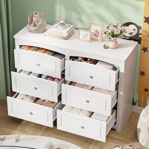 Vabches Kids Dresser Cabinet with 6 Drawers and Large Table Top, Multi-Functional Chest of Drawers, Baby Dresser, Kids Bedroom Furniture, Nightstand for Child’s Room, White in Kuwait