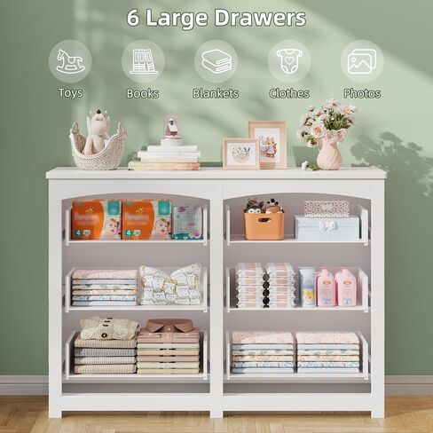 Vabches Kids Dresser Cabinet with 6 Drawers and Large Table Top, Multi-Functional Chest of Drawers, Baby Dresser, Kids Bedroom Furniture, Nightstand for Child’s Room, White in Kuwait