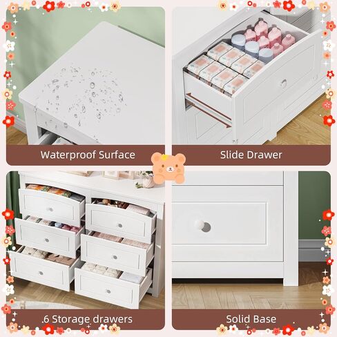 Vabches Kids Dresser Cabinet with 6 Drawers and Large Table Top, Multi-Functional Chest of Drawers, Baby Dresser, Kids Bedroom Furniture, Nightstand for Child’s Room, White in Kuwait