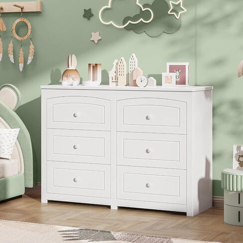Vabches Kids Dresser Cabinet with 6 Drawers and Large Table Top, Multi-Functional Chest of Drawers, Baby Dresser, Kids Bedroom Furniture, Nightstand for Child’s Room, White in Kuwait