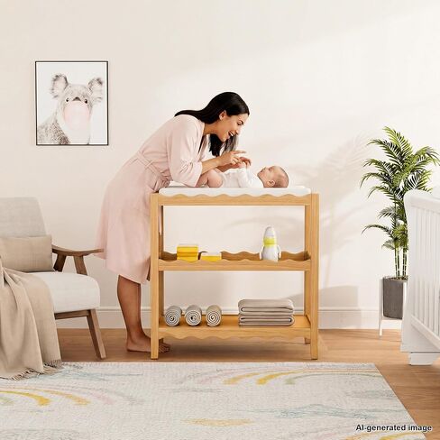 Baby Changing Table, Portable Changing Table | Compact and Lightweight, Solid New Zealand Pinewood, Two Storage Wave-Shaped Shelves, Nursery Organizer, Natural Wood in Kuwait