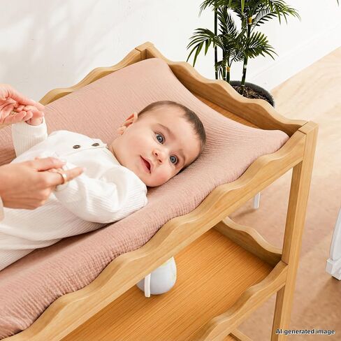Baby Changing Table, Portable Changing Table | Compact and Lightweight, Solid New Zealand Pinewood, Two Storage Wave-Shaped Shelves, Nursery Organizer, Natural Wood in Kuwait