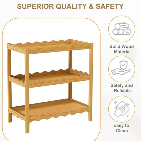 Baby Changing Table, Portable Changing Table | Compact and Lightweight, Solid New Zealand Pinewood, Two Storage Wave-Shaped Shelves, Nursery Organizer, Natural Wood in Kuwait