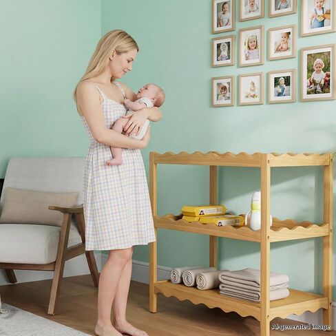 Baby Changing Table, Portable Changing Table | Compact and Lightweight, Solid New Zealand Pinewood, Two Storage Wave-Shaped Shelves, Nursery Organizer, Natural Wood in Kuwait