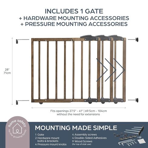 Nottingham Driftwood Wooden Baby Gate - Adjustable 27.5-41" Wide, 28in Tall – Hardware Mounted Swing Gate or Pressure Mounted Barrier - Kids & Pets Gate for Doorways, Hallways & Stairs in Kuwait