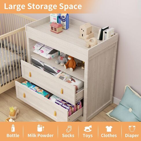 Baby Dresser 35.4"Diaper Changing Station with Changing Table Top Beige in Kuwait