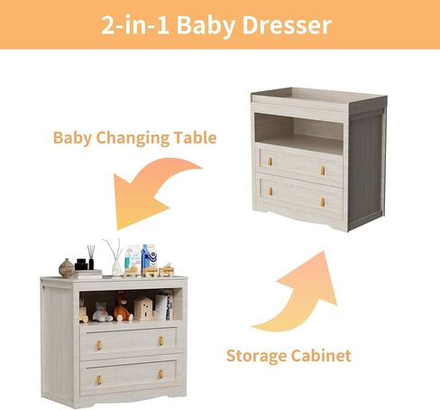 Baby Dresser 35.4"Diaper Changing Station with Changing Table Top Beige in Kuwait