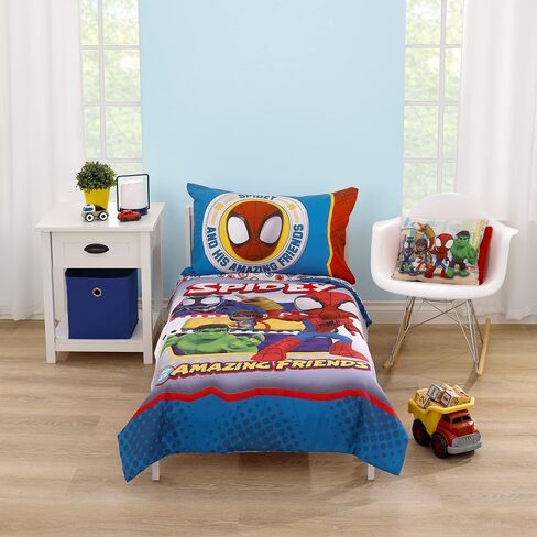Marvel Spidey and His Amazing Friends 4 Piece Toddler Bed Set Comforter | Fitted Bottom Sheet, Flat Top Sheet, Reversible Pillowcase in Kuwait