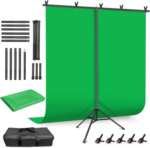 Hemmotop Green Screen Stand 7x5 ft(HxW) with 6.5x5 ft Backdrop Kit | Chromakey, for Streaming, Gaming, Zoom, Video Recording, Metal and Ployester, with 5 Clips and Carrying Case, Portable in Kuwait