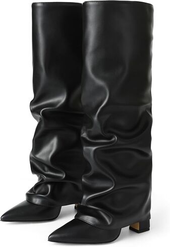 Synchoiss Fold Over Knee High Boots Women Wide Calf Chunky Heel Shark Boots | Faux Leather Slouchy Boots, Pointed Toe, Side Zipper, Fashion Tall Boots for Evening Bridal Office Fall and Winter Outfits in Kuwait