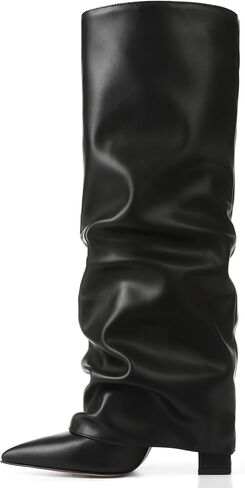 Synchoiss Fold Over Knee High Boots Women Wide Calf Chunky Heel Shark Boots | Faux Leather Slouchy Boots, Pointed Toe, Side Zipper, Fashion Tall Boots for Evening Bridal Office Fall and Winter Outfits in Kuwait