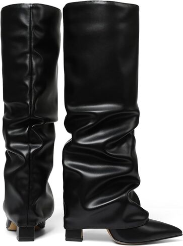 Synchoiss Fold Over Knee High Boots Women Wide Calf Chunky Heel Shark Boots | Faux Leather Slouchy Boots, Pointed Toe, Side Zipper, Fashion Tall Boots for Evening Bridal Office Fall and Winter Outfits in Kuwait