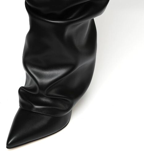 Synchoiss Fold Over Knee High Boots Women Wide Calf Chunky Heel Shark Boots | Faux Leather Slouchy Boots, Pointed Toe, Side Zipper, Fashion Tall Boots for Evening Bridal Office Fall and Winter Outfits in Kuwait
