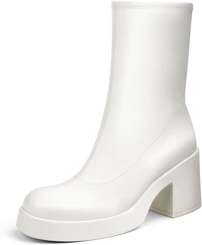 Soesyi Women's Square Toe Stretch Mid Boots Calf Slouchy Platform Booties Suede Zip Chunky Block Heeled Sock Ankle Boot Shoes in Saudi Arabia