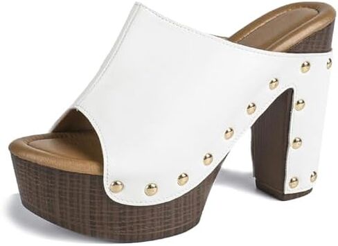 Women'S Leather Platform Stacked Heel Sandals Peep-Toe Fashion Rivet Slip On Chunky High Heels Slides Sandals For Casual Work Party in Saudi Arabia