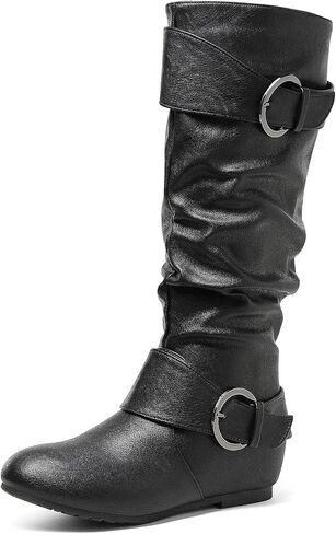 DREAM PAIRS Women's Knee High Low Hidden Wedge Boots | Suede Faux Fur Lining Side Zipper Knee High Fall Winter Buckle Boots for Women in Kuwait