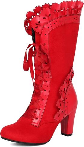 Victorian Boots for Women Vintage Bow Ruffles Goth Boots Costume Lace Up 70S Retro Boots Halloween Witch Stuff Cuban Heel Mid Calf Boots in Saudi Arabia