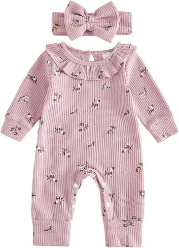 Infant Baby Girl Fall Outfit Romper Floral Print Ruffled Trim Crew Neck Long Sleeve Jumpsuit Newborn Waffle Clothes in Kuwait